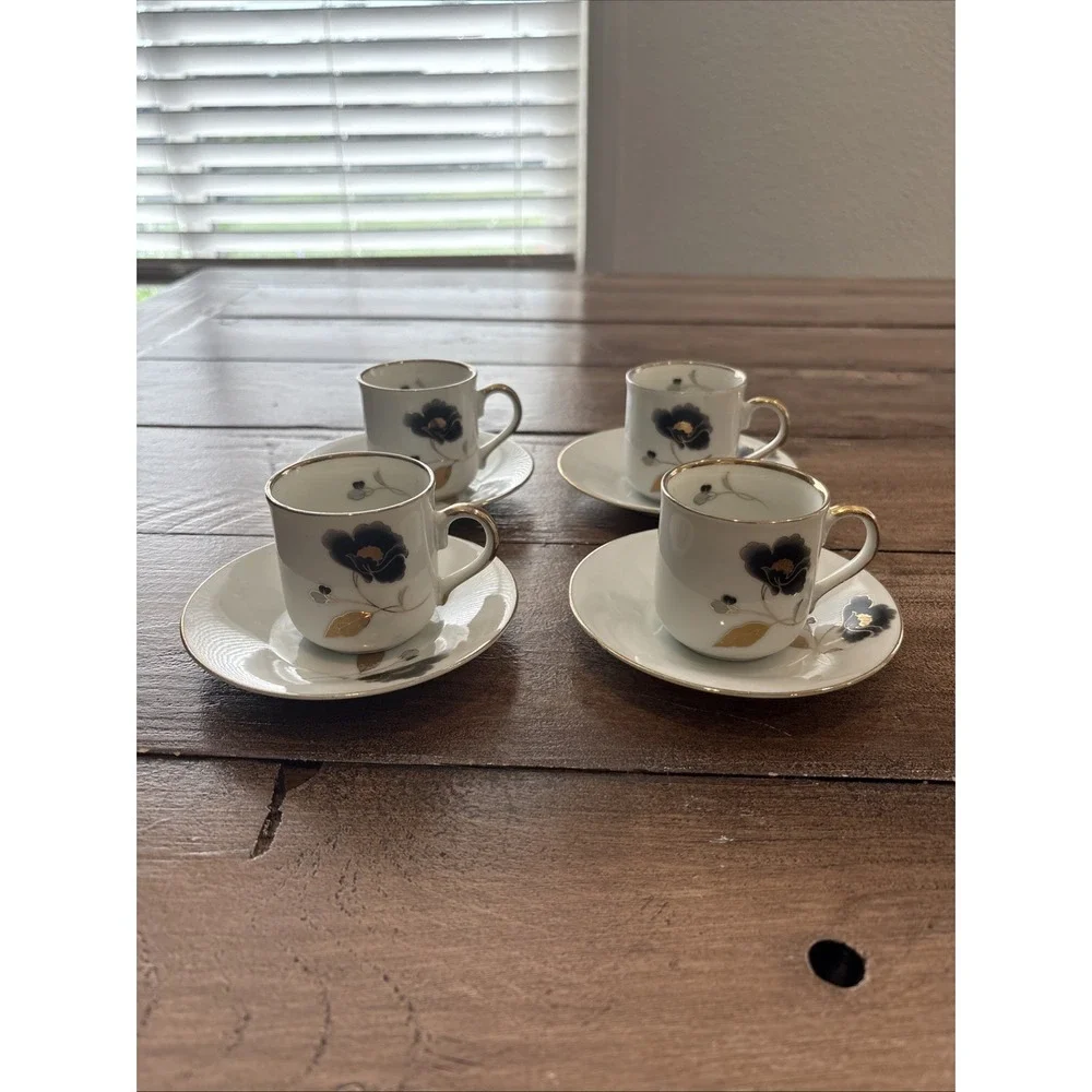 4 Tiger Yedi Porcelain‎ Cup Saucer Gold Leaf Small Tea   Espresso Coffee